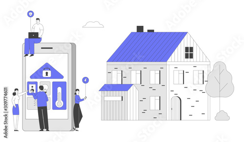 People at Huge Tablet with App for Smart House Technology System with Centralized Control. Lighting Heating Ventilation and Air Conditioning Security Service Cartoon Flat Vector Illustration, Line Art
