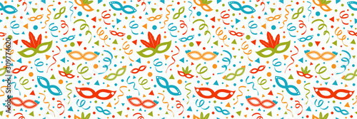 Party background with funny masks and serpentines. Vector