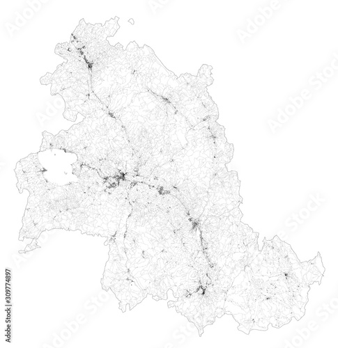 Satellite map of Province of Perugia, towns and roads, buildings and connecting roads of surrounding areas. Umbria region, Italy. Map roads, ring roads