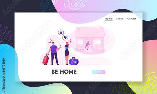 Safe Home Website Landing Page. Man and Woman Get Alert Notification from Home Security System about Robber Get into Home. Apartment Safety Mobile App Web Page Banner. Cartoon Flat Vector Illustration