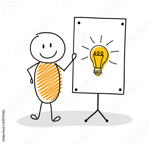Business cartoon person with whiteboard and light bulb icon. Vector
