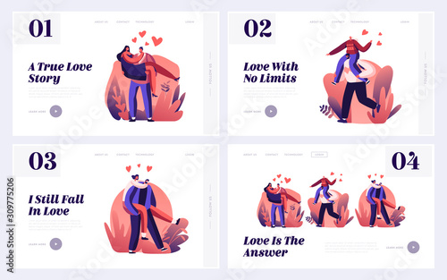 Couple Romantic Relations Website Landing Page Set. Man Riding Girlfriend on Back and Holding on Hands. Loving Hearts Connection, Love and Romance Web Page Banner. Cartoon Flat Vector Illustration