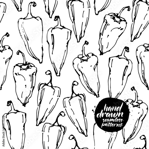 Chili peppers ink sketches seamless pattern.