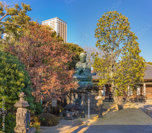 Photography Giant bronze statue depicting the Buddha Shaka Nyorai in the Tendai Buddhism Tennoji temple in the Yanaka cemetery of Tokyo
