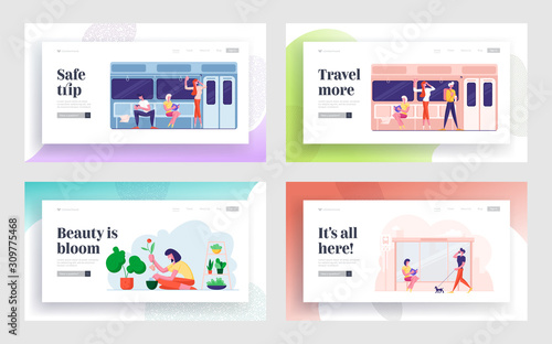 People Going by Metro, Waiting on Bus Stop, Gardening Hobby Website Landing Page Set. Characters Using Commuter Transport, Care of Potted Home Plants Web Page Banner. Cartoon Flat Vector Illustration