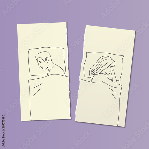 illustration with a couple in bed in a quarrel on two halves of a torn sheet of paper. sexual problems, male impotence, family disagreements concept. hand drawn characters, vector.
