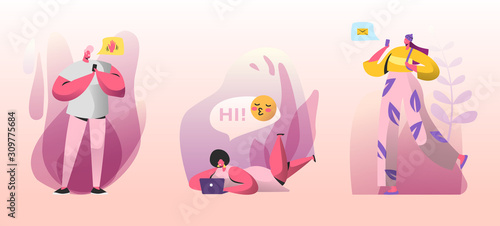 Men and Women Communicating Online with Mobile Devices. Young People Characters Chatting in Social Networks Using Laptop and Smartphones. Social Media Networking. Cartoon Flat Vector Illustration.
