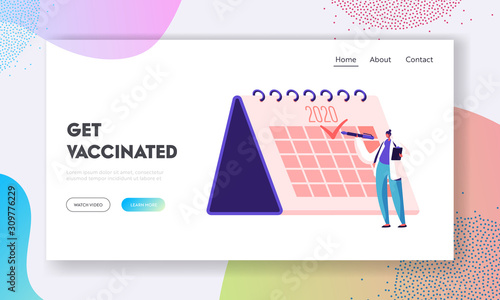 Vaccination Planning, Medicine Health Care Website Landing Page. Female Doctor Put Check Mark to Checkbox on Huge Calendar on 2020 Year, Immunization Web Page Banner. Cartoon Flat Vector Illustration