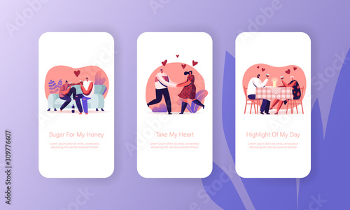 Happy Loving Couple Dating Mobile App Page Onboard Screen Set. Young Man and Woman Holding Glasses Having Romantic Relations Meeting Concept for Website or Web Page, Cartoon Flat Vector Illustration