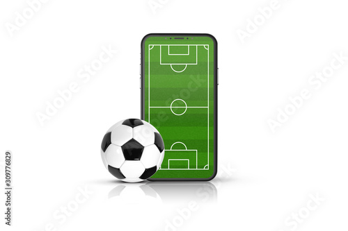 Mobile football soccer. Online sport bet play match. Online soccer game with live mobile app. Football field on the smartphone screen and ball. Online ticket sales, sport betting concept.