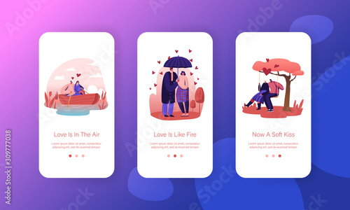 Happy Loving Couples Sparetime. Mobile App Page Onboard Screen Set. Man and Woman Spend Time Together Having Fun Rejoice Dating Concept for Website or Web Page, Cartoon Flat Vector Illustration