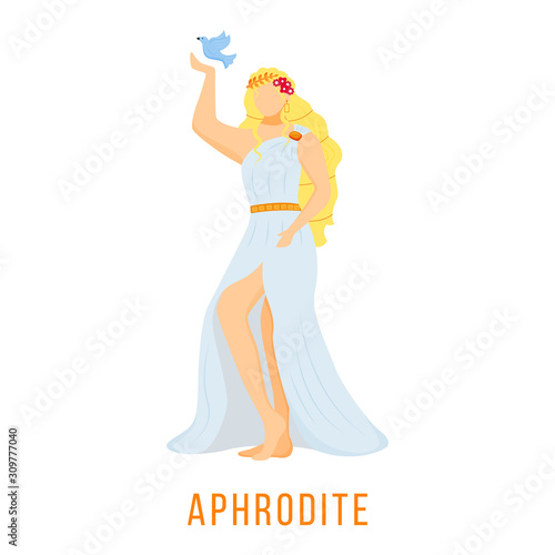 Aphrodite flat vector illustration. Ancient Greek deity. Goddess of love, beauty and eternal youth. Mythology. Divine mythological figure. Isolated cartoon character on white background