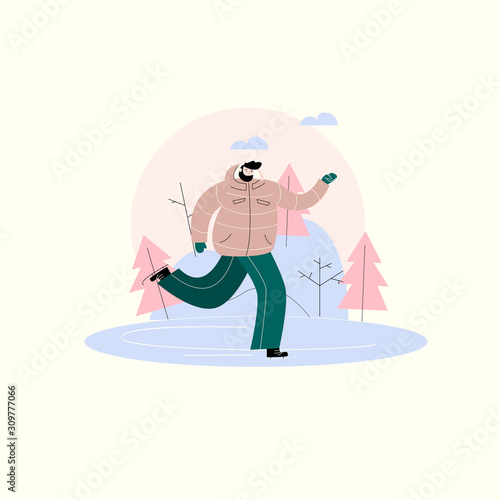 Vector illustration of ice skater in winter park. Winter activities concept.