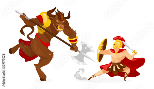 Theseus and Minotaur flat vector illustration. Greek mythology. Ancient story and legend. Hero fighting mythological creature. Warrior with sword isolated cartoon character on white background