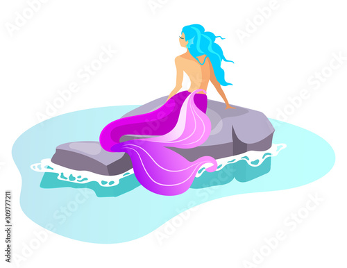 Siren flat vector illustration. Mythological beast swim in sea. Fairy monster on rock. Fantastical half-woman creature. Greek mythology. Mermaid on reef isolated cartoon character on white background