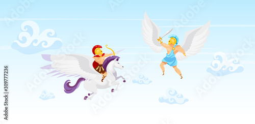 Fighters in sky flat vector illustration. Warriors battle. Man flying on pegasus. Icarus with wings. Heroes duel in air. Fantastical creatures. Greek mythology. Gladiator cartoon characters © The img