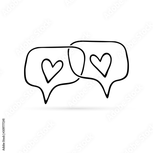 Doodle chat icon with heart. Kids hand drwing art line. Speech symbol for web site design, logo, app, UI. Outline vector illustration