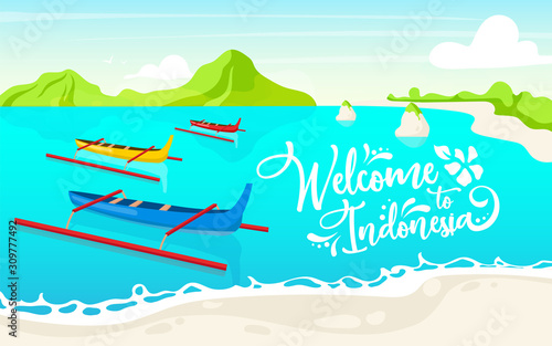 Welcome to Indonesia flat poster vector template. Boats in lake. Waterscape. Banner, leaflet design. Thailand picturesque landscape cartoon background. Canoes in water with calligraphic lettering