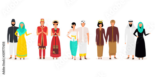 Indonesians flat vector illustrations set. Indigenous people. Asian culture. Adult families. People dressed in national clothing isolated cartoon characters on white background