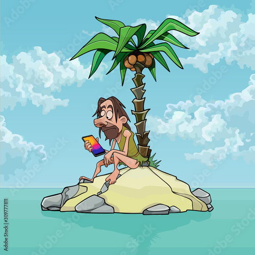 cartoon man with smartphone on a small uninhabited island