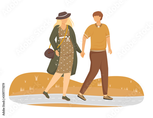 Pregnant woman and man walking in park flat vector illustration. Family preparing for parenthood. Strolling couple waiting of baby isolated cartoon characters on white background