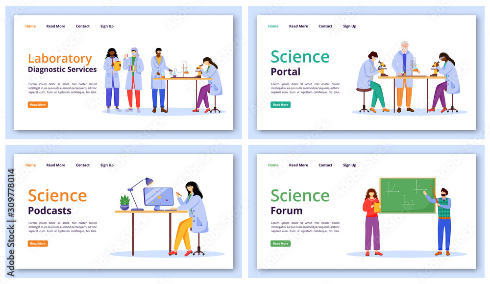 Science services landing page vector template set. Modern learning technology website interface idea with flat illustrations. Forums and portals homepage layout, web banner, webpage cartoon concept