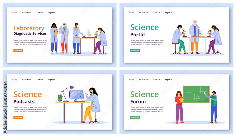 Science services landing page vector template set. Modern learning technology website interface idea with flat illustrations. Forums and portals homepage layout, web banner, webpage cartoon concept Science services landing page vector template set. Modern learning technology website interface idea with flat illustrations. Forums and portals homepage layout, web banner, webpage cartoon concept