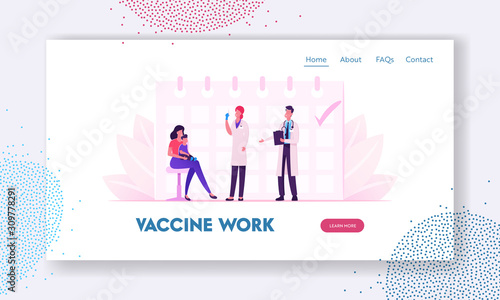 Mother Bring Little Baby to Hospital for Vaccination Website Landing Page. Doctor Prepare Vaccine in Syringe for Shooting. Immunity Health Care Web Page Banner. Cartoon Flat Vector Illustration