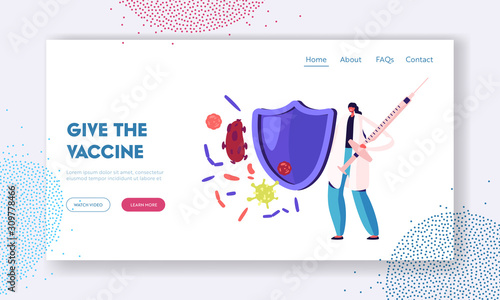 Medical Vaccination, Health Care Immunization Website Landing Page. Doctor Holding Shield and Syringe for Vaccine Protecting from Attacking Viruses Web Page Banner. Cartoon Flat Vector Illustration