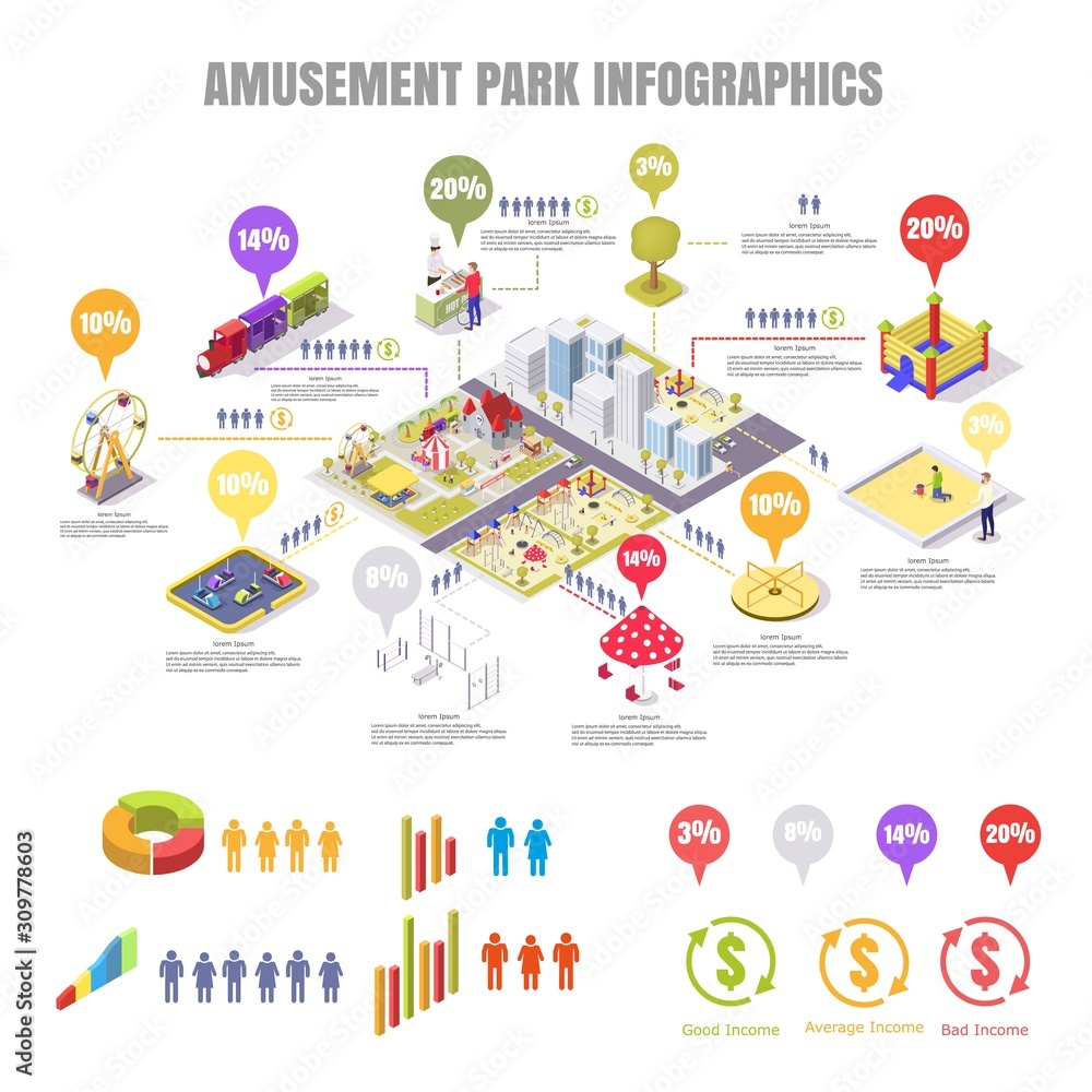 Amusement park and playground vector flat isometric infographics