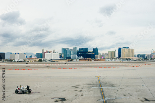 LAS VEGAS, NV, USA - December, 2019: McCarran Airport and Vegas skyline
