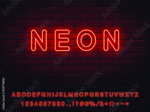 Set of red neon font. Letters, numerals, signs, icons with transparent glow for web design and advertising