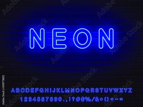 Set of blue neon font. Letters, numerals, signs, icons with transparent glow for web design and advertising