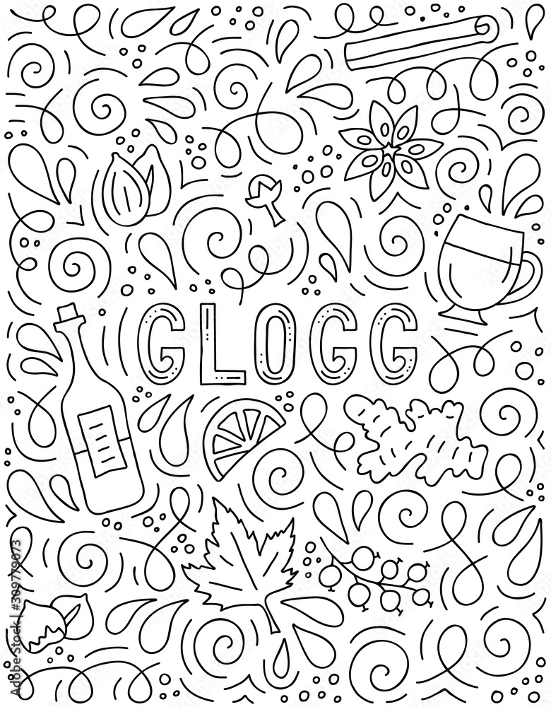 Glogg. Lettering poster with basic ingredients for a drink. Hand-drawn banner in doodle style. Vector glogi. Linear illustration. Template for menu or party invitation. Glogg. Lettering poster with basic ingredients for a drink. Hand-drawn banner in doodle style. Vector glogi. Linear illustration. Template for menu or party invitation.