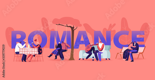 Loving Couple Romance Sparetime Concept. Young Men and Women Spend Time Together Dating at Home and Restaurant  Walking Outdoors  Relaxing Poster Banner Flyer Brochure Cartoon Flat Vector Illustration