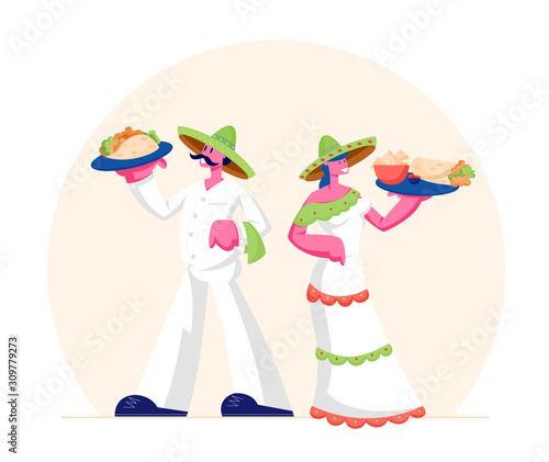 Traditional Mexican Food Concept. Man and Woman Wearing Sombrero and Latino Dress Holding Trays with Taco and Latin Meals. Authentic Restaurant Staff Presenting Menu. Cartoon Flat Vector Illustration