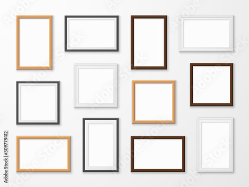 Realistic image frames. Picture frame in different colors, hanging blank pictures on gallery wall of modern interior templates vector set