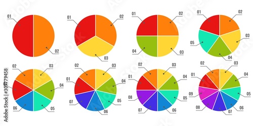 Circular diagrams. Segmented and multicolored pie charts, financial process planning with parts or steps, infographic graph vector elements