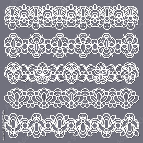 Lace borders. Seamless vintage cotton lace eyelets, horizontal stripe handmade. Embroidered decorative ornate pattern ribbons vector set