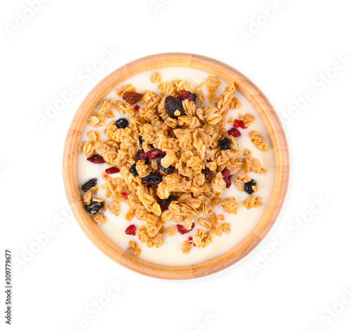 Yogurt with granola on white background