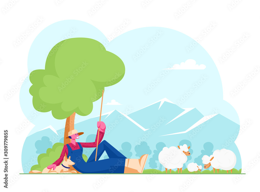 Young Man in Chaff Hat and Blue Overalls Holding Long Stick Sitting with Dog under Tree Grazing Sheep. Shepherd Male Character, Villager or Farmer Working Outdoors. Cartoon Flat Vector Illustration