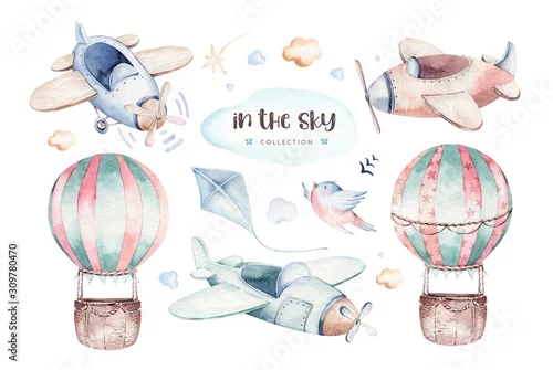 Obraz kreskówka słodka ilustracja fantazyjny transport niebo, samoloty, balony, chmury. dziecięcy wzór Boy