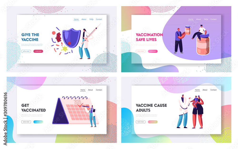 Disease Prevention, Immunization. Website Landing Page Set. People Getting Vaccine from Influenza and other Illness and Viruses. Vaccination Procedure Web Page Banner Cartoon Flat Vector Illustration