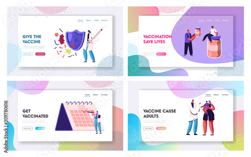 Disease Prevention, Immunization. Website Landing Page Set. People Getting Vaccine from Influenza and other Illness and Viruses. Vaccination Procedure Web Page Banner Cartoon Flat Vector Illustration