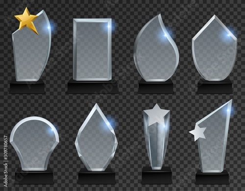 Glass trophy. Acrylic transparent awards in various form, crystal plate on pedestal for sport and business winner. Plaque isolated vector set
