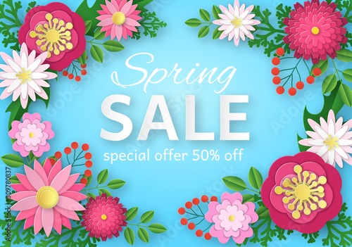 Fototapeta Naklejka Na Ścianę i Meble -  Spring sale with paper flowers. Colorful floral promotion poster, magazine and web site advertising online shopping. Holiday vector banner