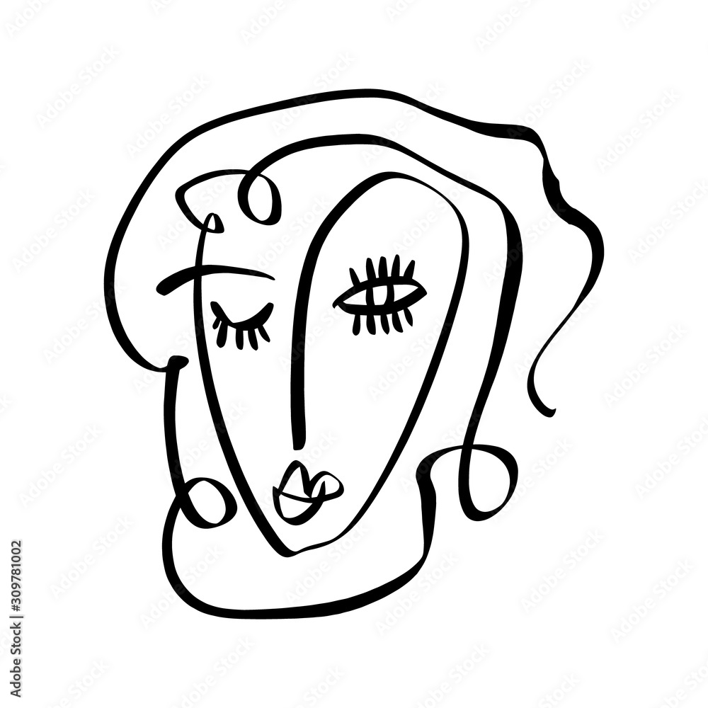 Simple hand drawn black and white trendy line portrait face art. Abstract composition. Monochrome print for clothes, textile, posters and other. Vector Simple hand drawn black and white trendy line portrait face art. Abstract composition. Monochrome print for clothes, textile, posters and other. Vector