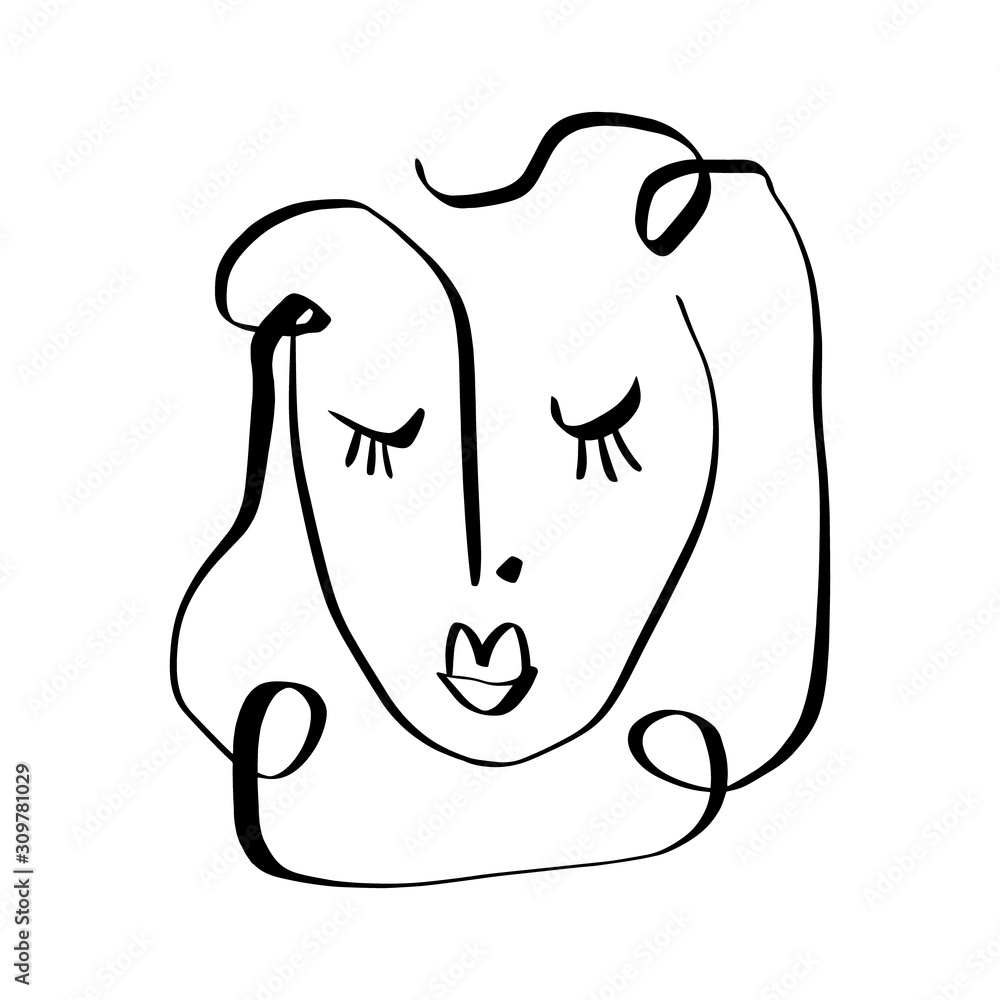 Simple hand drawn black and white trendy line portrait face art. Abstract composition. Monochrome print for clothes, textile, posters and other. Vector Simple hand drawn black and white trendy line portrait face art. Abstract composition. Monochrome print for clothes, textile, posters and other. Vector