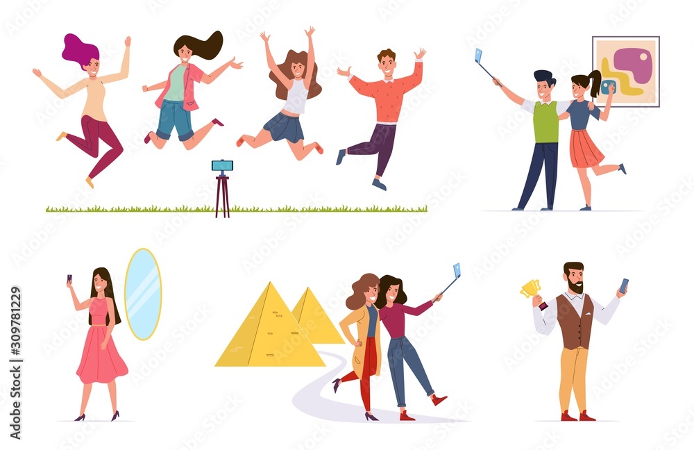 People make selfie. Men and women taking photo on smartphone camera, friends using selfie stick. Characters vector set People make selfie. Men and women taking photo on smartphone camera, friends using selfie stick. Characters vector set
