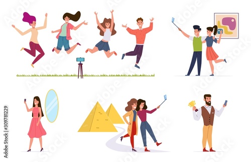 People make selfie. Men and women taking photo on smartphone camera, friends using selfie stick. Characters vector set